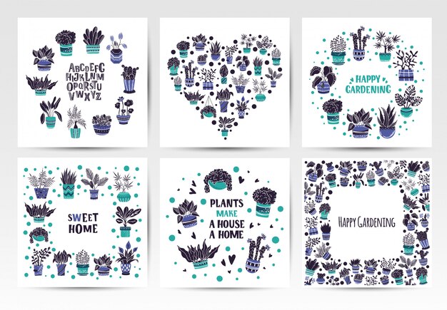 Vector set of frames of home potted plants or flowers