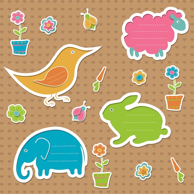 Vector set of frames for text in the shape of rabbit, sheep, elephant and bird, decorated with bugs, flowers and carrots