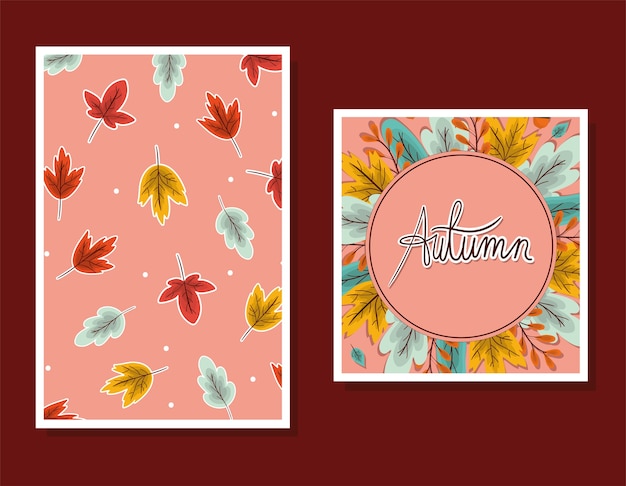 Set of frames with autumn leaves on brown background design, season theme