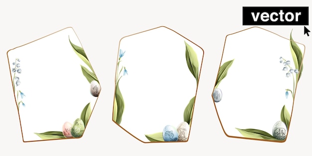 Set of frames with easter eggs with scandinavian pattern with lily leaves and snowdrop flowers