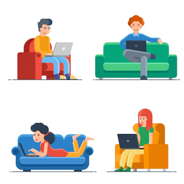set of freelance people working at home isolated on white background