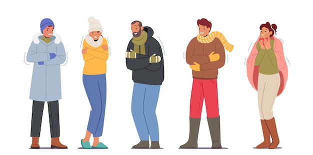 Set of Freezing People Cold Weather Concept Male and Female Characters Wearing Warm Clothes Suffering of Low Degrees