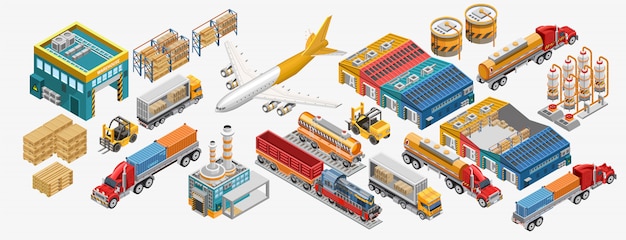 Vector set of freight transport and industrial facilities