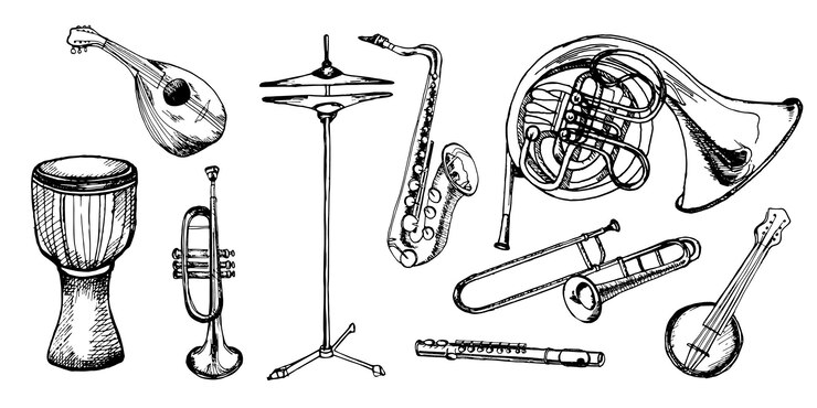 Vector set of french horn brass trumpet saxophone musical instruments vector illustration isolated