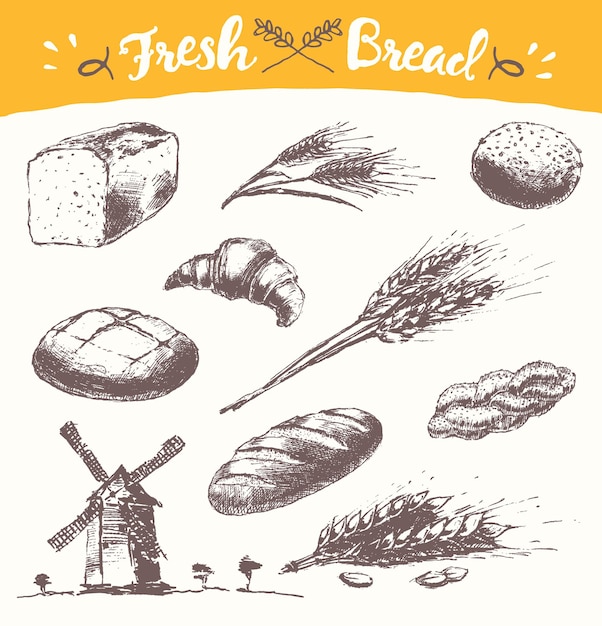 Set di pane fresco. illustrazione disegnata a mano di pagnotta lunga, baguette, croissant, grano, mulino a vento