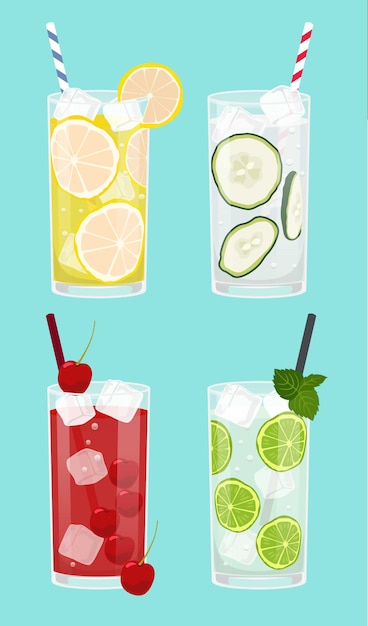 Vector set of fresh drinks, lemonade, cucumer, cherry, lemon with water