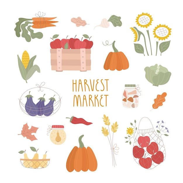 Set of fresh fruits vegetables baskets farm products Fall harvest market cute vector illustrations stickers