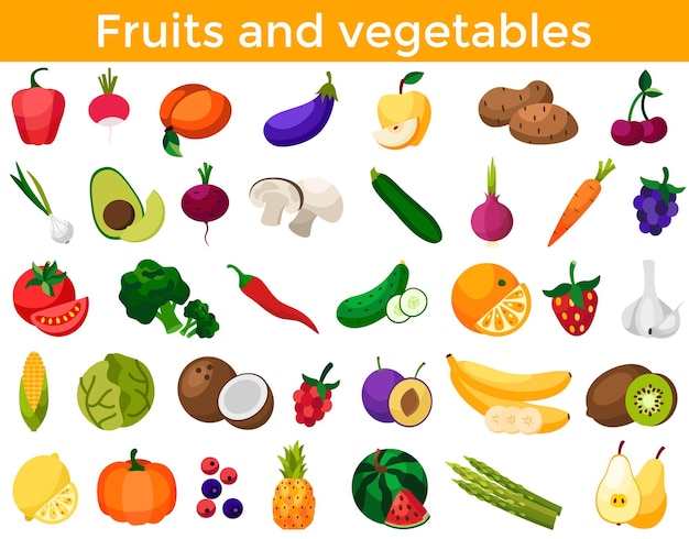 Vector set of fresh healthy vegetables fruits and berries isolated