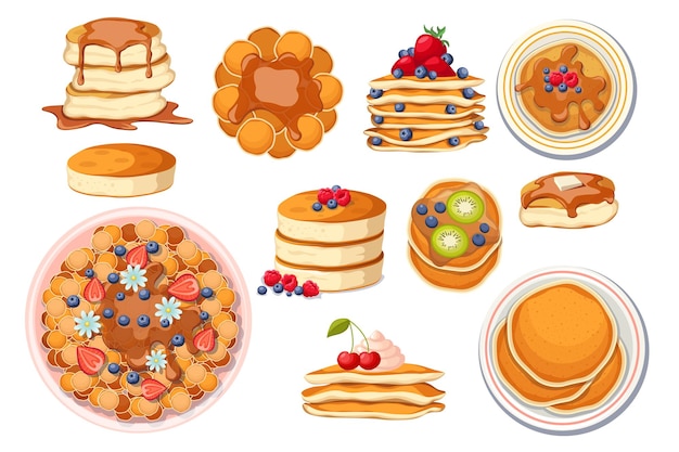 Vector set of fresh hot pancakes with different toppings. pancakes on white plate, baking with maple syrup or honey, berries