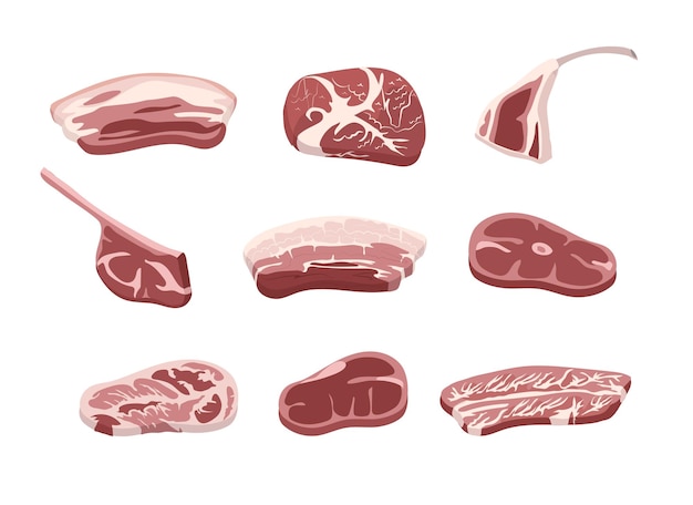 Vector set of fresh meat icons pieces of fresh tasty meat steak ribs in flat style