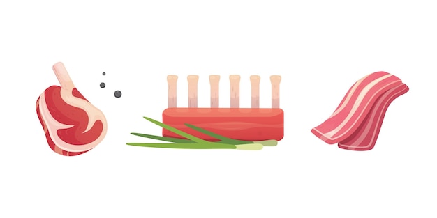 만화 스타일 벡터 격리 된 그림에서 신선한 고기 제품 스테이크를 설정