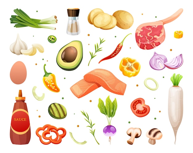 Set of fresh meats vegetables and herbs illustration Healthy food ingredients vector cartoon