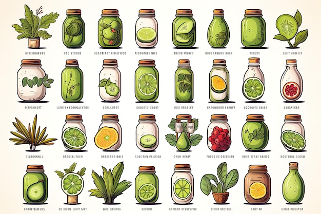 Vector set fresh oil glass bottles collection with different organic vegetables and fruits names isolated