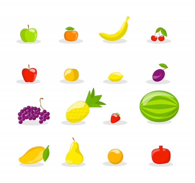 신선한 맛있는 과일의 집합입니다. 맛있는 사과, 바나나, 석류. 건강한 음식. 삽화