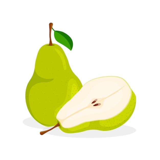 Set of fresh whole, half, cut slice and piece of pear isolated on white background. Vegan food icons in a trendy cartoon style. Healthy concept.