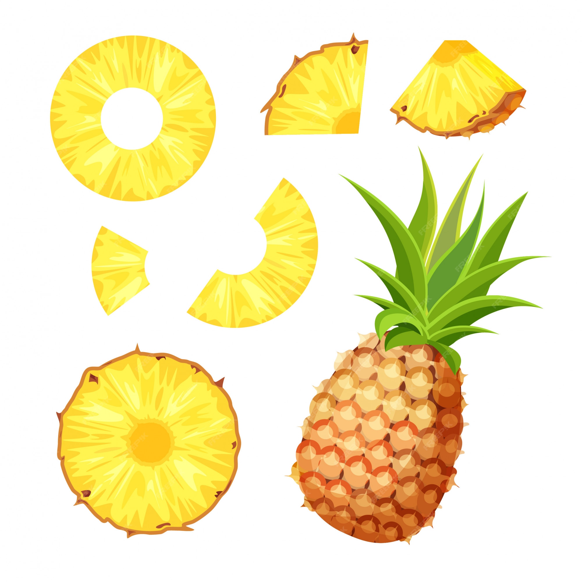 Premium Vector | Set of fresh whole, half, cut slice and piece of pineapple  isolated on white background. vegan food icons in a trendy cartoon style.  healthy food concept.
