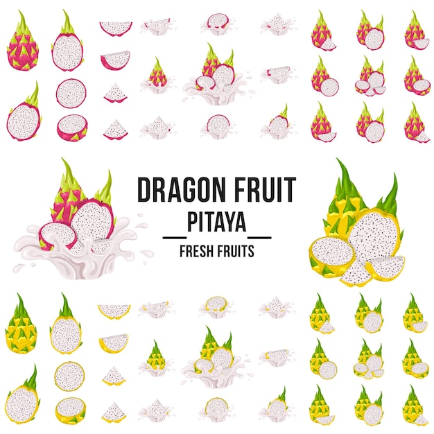 Set di frutta pitaya rossa e gialla a fetta tagliata a metà fresca isolata su sfondo bianco