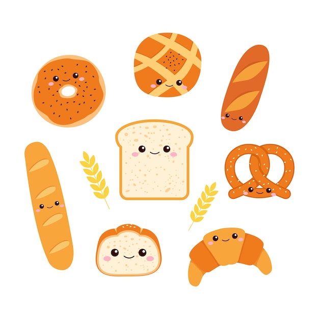 Set of freshly baked bread with cute smiley face Flat   design