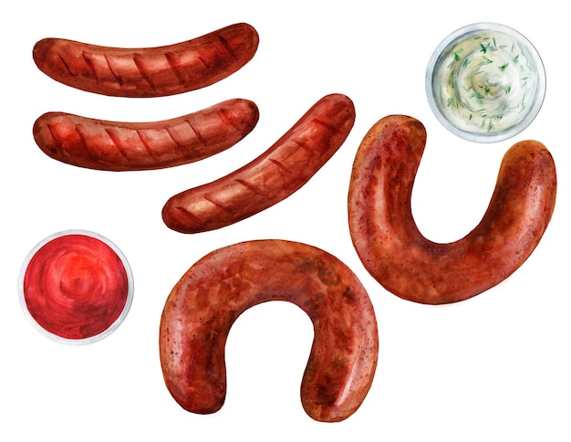 Set of fried sausages with tomato and cream sauce. Watercolor illustration