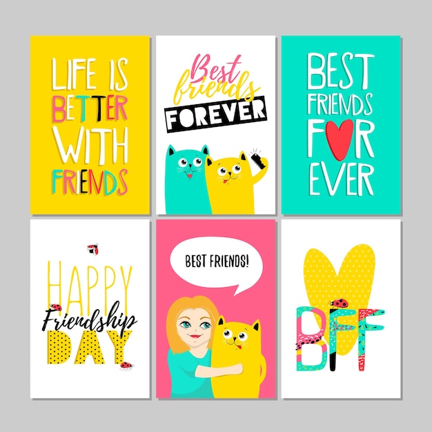 Set of friendship greeting cards for friends, vector illustration EPS10.