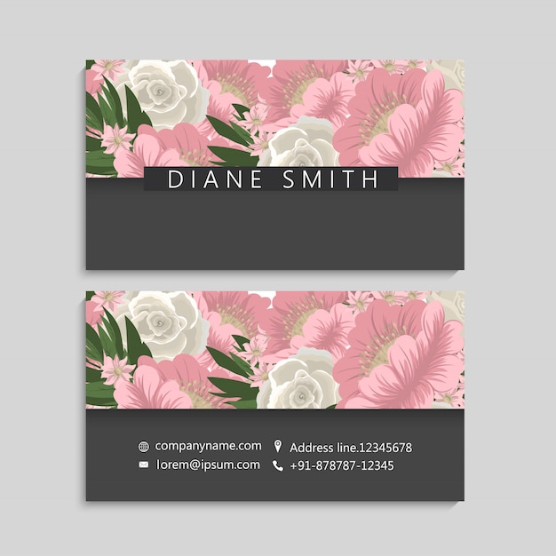 Vector set of front and back of business card with flowers