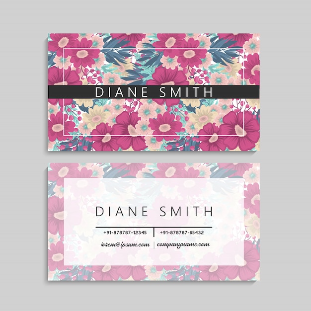 Set of front and back of business card with flowers