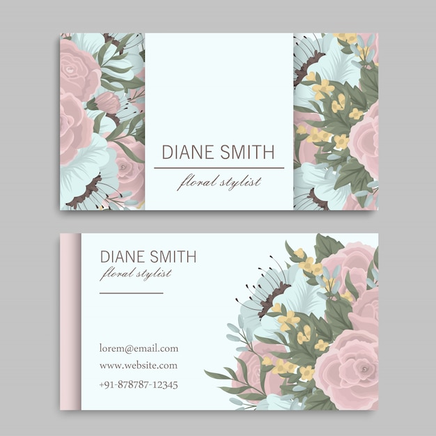 Set of front and back of business card with flowers