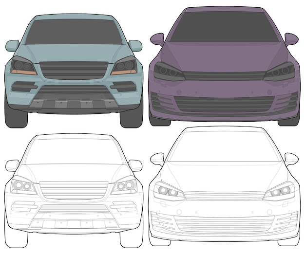 Набор переднего вида Векторная иллюстрация изолированного цветного автомобиля на белом фоне Транспортное средство в плоском стиле мультфильма