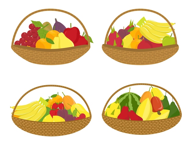 set of fruit basket with various tropical fruits