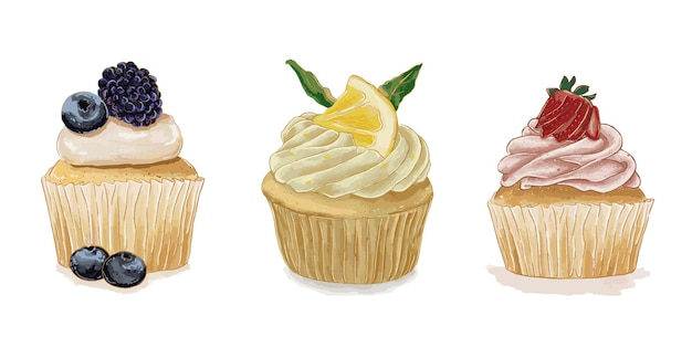 Set of Fruit Cupcakes Watercolor Illustration