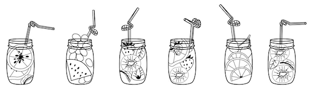 Set of fruit drinks in mason jars drawings