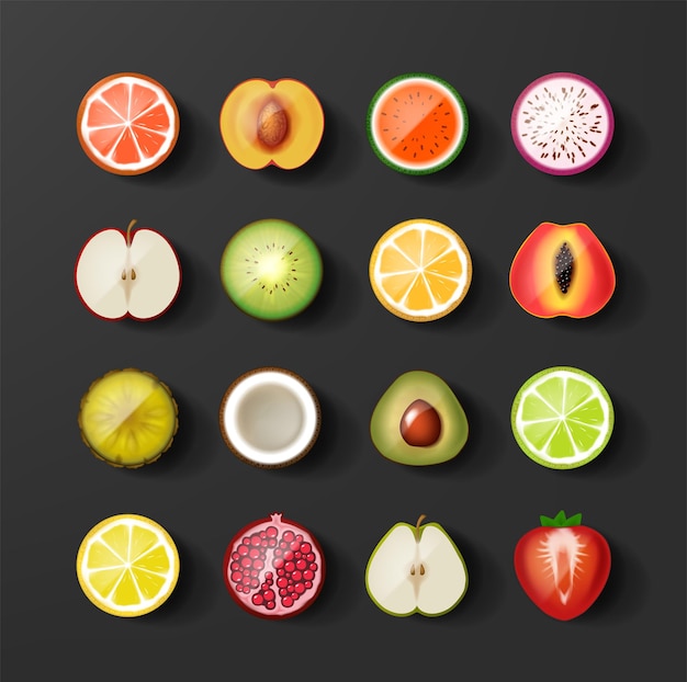 Vector set of fruit icon halves watermelon lemon apple strawberry peach avocado kiwi orange icons