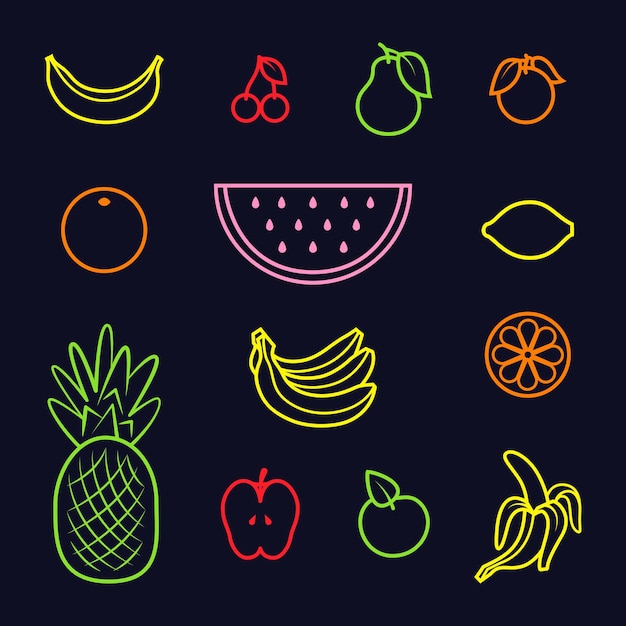 Set of fruit icons different colors on black background. vector illustration