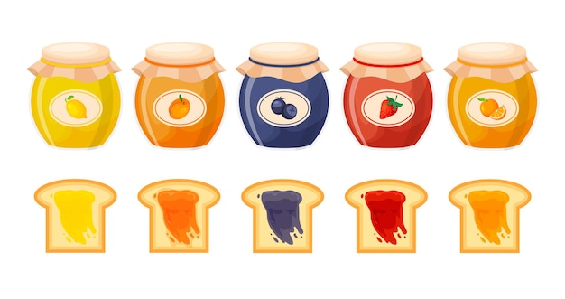 Set of fruit jams in a glass jars Jelly or marmalade with toast bread Vector jam confiture