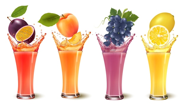 Vector set of fruit juice splash in a glass passion fruit apricot grape lemon vector