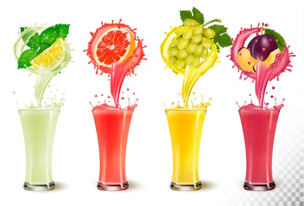 Set of fruit juice splash in a glasses. mint and lemon, grapefruit, grapes, plum.