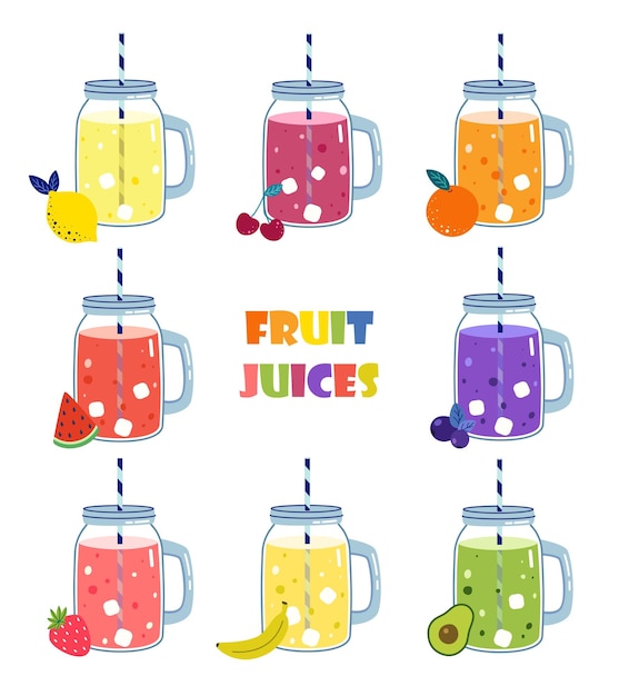 Vector set of fruit juices in glass goblets with drinking straws.