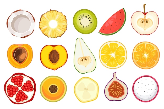 Vector set fruit slices kokosnoot, ananas, kiwi en watermeloen, appel met perzik en abrikoos. peer, sinaasappel en citroen met granaatappel, vijgen en dragon fruit geïsoleerde pictogrammen. cartoon vectorillustratie