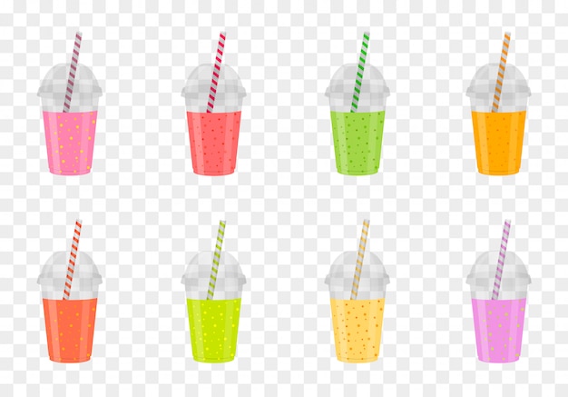 Vector set of fruit smoothies in plastic glasses. healthy fresh juice. menu drinks.