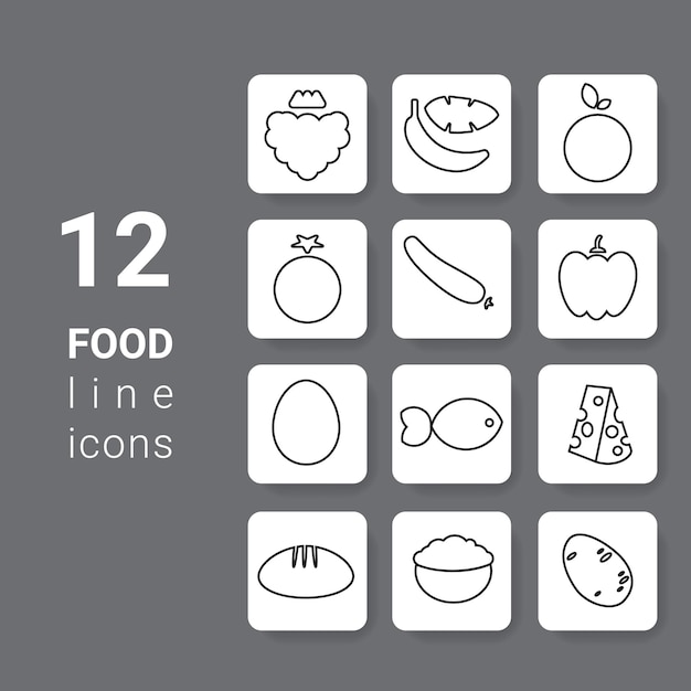 Set of fruit and vegetable square button icons for app healthy nutrition Vector illustration Black and white outline web elements