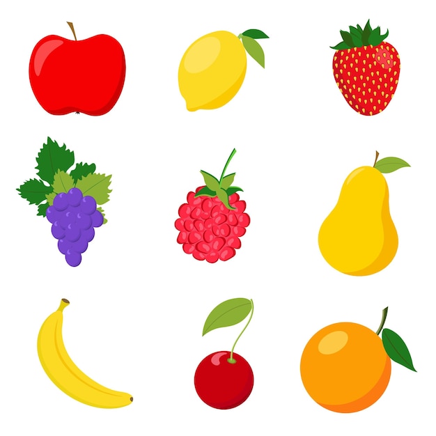 Vector set of fruits apple banana orange lemon raspberry cherry pear grape