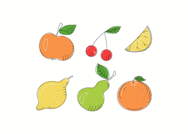 Set of fruits and berries in doodle style