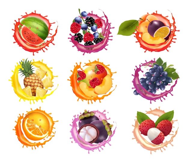 Vector set of fruits and berries in juice splashes watermelon pineapple grape papaya banana mango passion flower raspberry mangosteen strawberry plum juice drink splashing vector