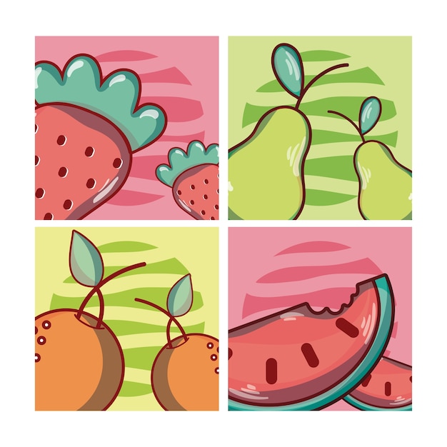 Set of fruits cartoons on square icons