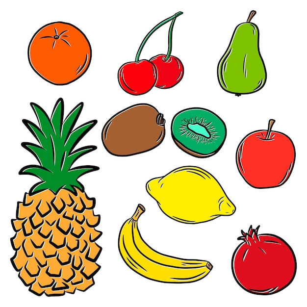 Vector set of fruits hand drawn vector illustration in doodle style isolated on a a white background