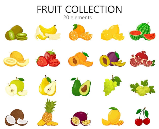 Vettore insieme di frutti isolati su bianco. icone di frutta fresca e luminosa, stile piatto. raccolta di frutta simpatico cartone animato, illustrazione vettoriale.