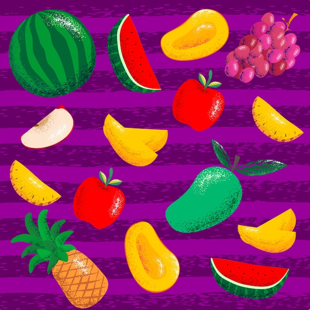 Vector set fruits pattern on a purple background