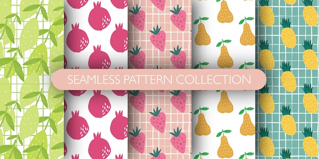 Set of fruits seamless pattern. collection of patterns - lemon with leaves, pomegranate, strawberry, pear, pineapple.