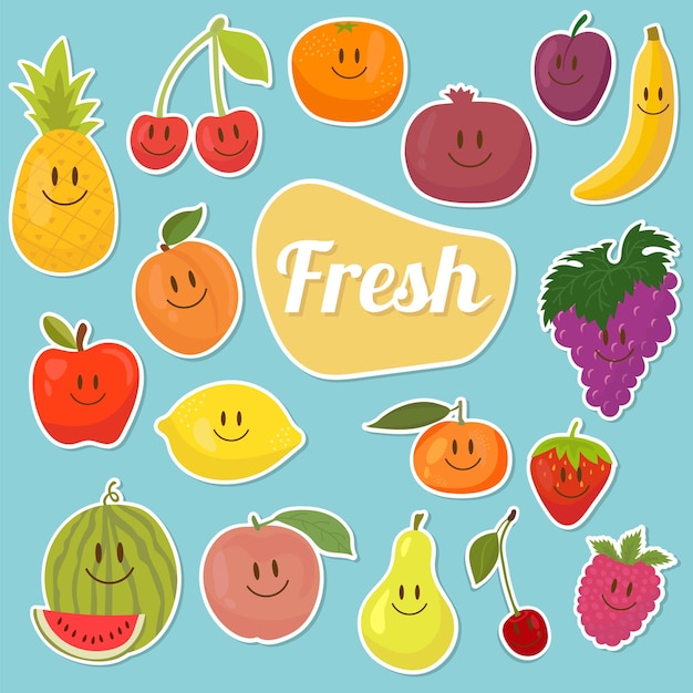 Vector set of fruits stickers cartoon fruits fresh and juicy