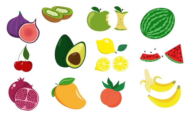 Set of fruits vector in flat style vibrant color isolated objects